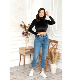 MyBen Kadın Siyah Renkli Uzun Kollu Kadife Crop Bluz Zbr1508