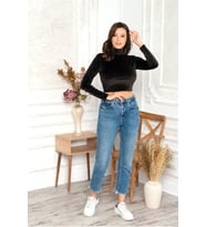 MyBen Kadın Siyah Renkli Uzun Kollu Kadife Crop Bluz Zbr1508