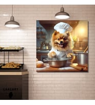 Kare Kanvas Mutfak Tablosu Aşçı Hayvanlar Pomeranian Köpek