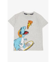 Breeze Erkek Çocuk Tişört Pizza Yiyen Mutlu Dinozor Baskılı 2-6 Yaş, Açık Gri Melanj
