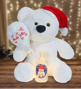 Mutlu Yıllar Balonlu Noel Ayıcık ve Ledli Yılbaşı Şişesi (Beyaz)