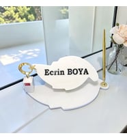 Sümen Ofis için Doğal Beyaz Mermer Yaprak İsimlik Gold Tasarımlı Kalem ve Dikme Ay Yıldız