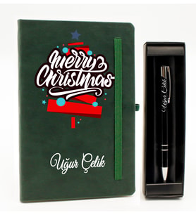 Kişiye Özel Yılbaşı Temalı Yeşil Defter & Siyah Roller Kalem