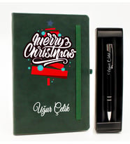 Kişiye Özel Yılbaşı Temalı Yeşil Defter & Siyah Roller Kalem