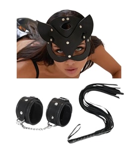 Mulvxbrf Brf02  Deri  Siyah Kedi Maske Kelepçe Kırbaç Seti ( 3'Lü Set) (Mulvix)