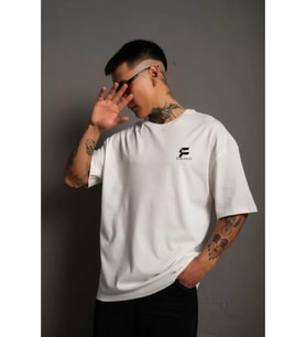 Unisex Bisiklet Yaka Baskılı Oversize T-Shirt - Beyaz