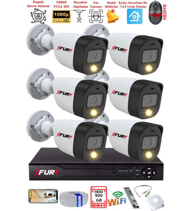 FURY 6 Kameralı 5Mp Lens 2 Mp Görüntü Gece Renkli Full Hd Ultra Led Akıllı Güvenlik Kamerası Seti 500GB