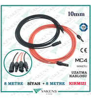 Güneş Paneli Uzatma Kablosu (8m+8m) 16 Metre 10mm Çift Taraflı Hazır Soketli Solar Ara Kablo Siyah Kırmızı (Siyah-Kırmızı)