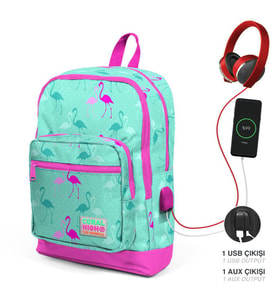 Coral High Kids Su Yeşili Neon Pembe Flamingo Desenli Dört Bölmeli USB Şarjlı Kulaklık Çıkışlı Okul Sırt Çantası 23275