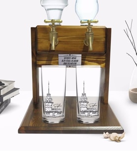 BK Gift Kişiye Özel Renkli Baskılı Kız Kulesi Tasarımlı İkili Rakı Bardağı ve Çift Musluklu Doğal Ahşap Rakı Standı-1 (Model 1)