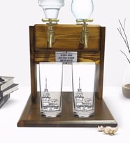 BK Gift Kişiye Özel Renkli Baskılı Kız Kulesi Tasarımlı İkili Rakı Bardağı ve Çift Musluklu Doğal Ahşap Rakı Standı-1 (Model 1)