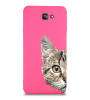 Samsung Galaxy J7 Prime Uyumlu Lansman Kılıf Catface Tasarımlı İçi Kadife Kapak-Neon Pembe (Şeffaf)