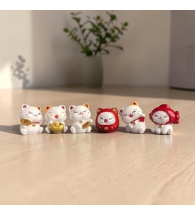 Şanslı Kedi 6’lı Set Maneki Neko Dekoratif Masa ve Araba Süsü Biblo (Beyaz)