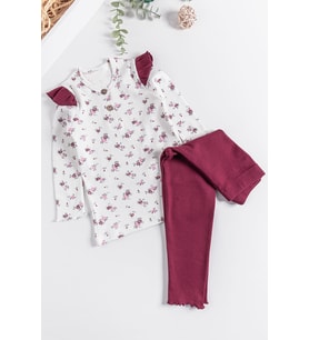Çiçek Desenli Fırfırlı Kız Çocuk Pijama Takımı (Bordo)