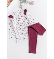 Çiçek Desenli Fırfırlı Kız Çocuk Pijama Takımı (Bordo)