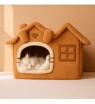 Villa Kedi Evi Peluş Kapalı Kedi Yatağı Minderli Katlanır (Camel)