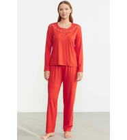 Sıfır Yaka Düğmeli Pijama Takım - Mercan