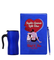 Sevgililer Gününe Özel Mavi Defter Kalem & Termos Mug Hediye Seti 1