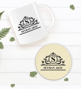 BK Gift Kişiye Özel İsimli Beyaz Kupa Bardak ve Yuvarlak Ahşap Bardak Altlığı Hediye Seti -12