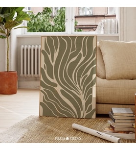 Boho Soyut Çizgi Sanatı, Organik Adaçayı Yeşili ve Bej