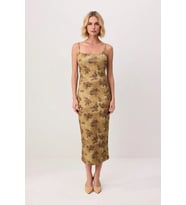Kadın İnce Askılı Kare Yaka Çiçek Desenli Bodycon Midi Esnek Örme Elbise Günlük Rahat Modern Şık