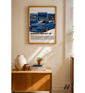Nissan Skyline R34 GT-R Mavi JDM Poster, Ahşap Çerçeveli Duvar Tablosu - Oto Severlere