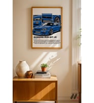 Nissan Skyline R34 GT-R Mavi JDM Poster, Ahşap Çerçeveli Duvar Tablosu - Oto Severlere