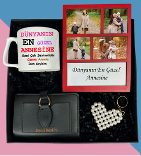 Anneler Gününe Özel 4 Fotoğraflı Kolaj Çerçeve Çay ve Nescafe Lüx Fincan Bayan Cüzdan İnci Anahtarlık Hediye Seti (Saks-Siyah)