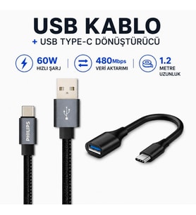 Philips 3A 60W UsbA to Type-C Deri Kaplama Hızlı Şarj Kablosu 1.2m + ScHitec Type-C to UsbA 3.0 OTG Dönüştürücü Adaptör