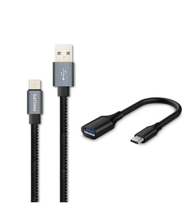 Philips 3A 60W UsbA to Type-C Deri Kaplama Hızlı Şarj Kablosu 1.2m + ScHitec Type-C to UsbA 3.0 OTG Dönüştürücü Adaptör