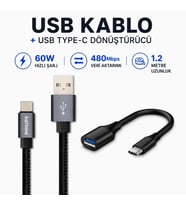 Philips 3A 60W UsbA to Type-C Deri Kaplama Hızlı Şarj Kablosu 1.2m + ScHitec Type-C to UsbA 3.0 OTG Dönüştürücü Adaptör