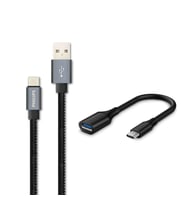 Philips 3A 60W UsbA to Type-C Deri Kaplama Hızlı Şarj Kablosu 1.2m + ScHitec Type-C to UsbA 3.0 OTG Dönüştürücü Adaptör