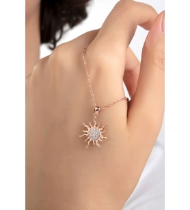 Kadın Orjinal 925 Ayar Gümüş Zirkon Taşlı Güneş Model Kolye (Rose)