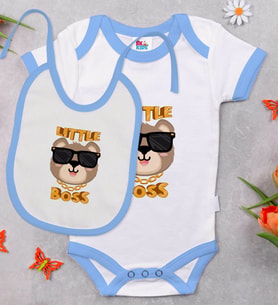 BK Kids Little Boss Tasarımlı Mavi Bebek Body Zıbın ve Mama Önlüğü Hediye Seti-1