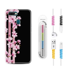 Oppo A5S A15 A16 A54 A55 A73 A74 Kılıf Kablo Koruma Spiral Silikon Pink Flowers 3 1393