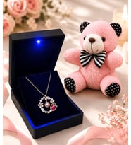 925 Ayar Gümüş Rose Lale Bahçesi 100 Dilde Seni Seviyorum Kolye Işıklı Kutulu Pembe Peluş