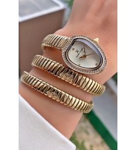 Daniel Klein Kadın Altın Renk Yılan Saat Spiral Kordonlu Oval Taşlı Quartz Kol Saati