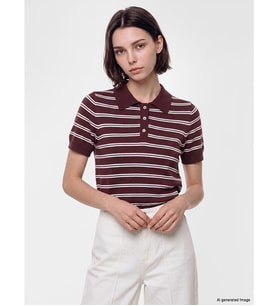 LCW Modest Bordo Polo Yaka Çizgili Kadın Triko Kazak