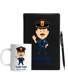 Kişiye Özel Trafik Polisi Tasarımlı Siyah Defter Kalem & Kupa Hediye Seti