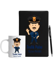 Kişiye Özel Trafik Polisi Tasarımlı Siyah Defter Kalem & Kupa Hediye Seti