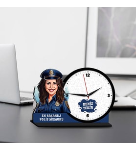 Kadın Polis Memuruna Hediye Karikatürlü MDF Masa Saati