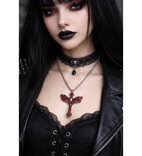 Kırmızı Gotik Haç Kurukafa Butterfly Figürlü Unisex Kolye
