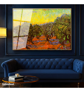 Altın Renk Metal Çerçeveli Tamperli Cam Tablo Vincent van Gogh Zeytin Ağaçları Tarlası Ressam Tablosu Dekoru