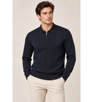 Erkek Polo Yaka Yarım Fermuarlı Önü Fitilli Slim Fit Akrilik Pamuk Triko Kazak