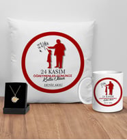 BK Gift Kişiye Özel Öğretmenler Günü Tasarımlı Beyaz Kupa Yastık ve İsimli Papatya Kolye Hediye Seti- 9, Öğretmene Hediye, Öğretmenler Günü