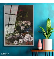 Gümüş Renk Metal Çerçeveli Tamperli Cam Tablo Claude Monet Sepetli Çiçekler Canlı Renkler Ressam Tablosu Dekoru