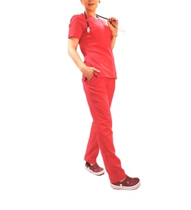 Emel Tekstil Doktor Terikoton Likralı Kadın Kırmızı Cerrahi Yaka Takım 4817