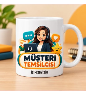Müşteri Temsilcisi Kupa Bardak Kulaklıklı Kadın ve Mesaj Desenli