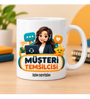 Müşteri Temsilcisi Kupa Bardak Kulaklıklı Kadın ve Mesaj Desenli
