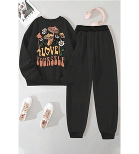 Unisex Love Yourself Baskılı Bisiklet Yaka Eşofman Takımı (Siyah)